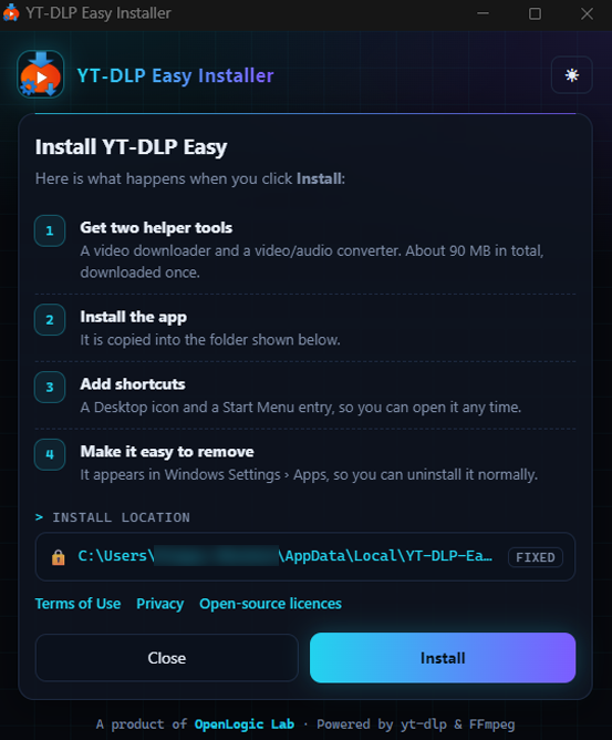 Installer setup screen describing helper tools and install location