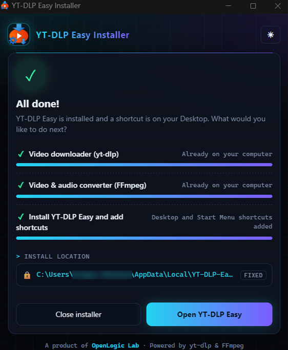 Installer confirming YT-DLP Easy setup is complete