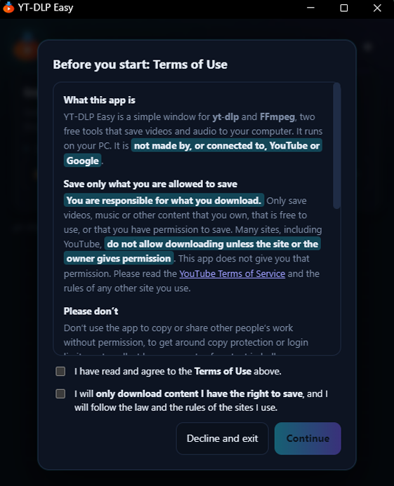 Installer showing the YT-DLP Easy terms before setup