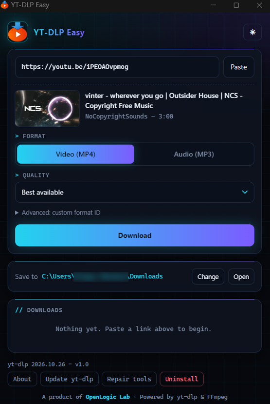 YT-DLP Easy showing detected video details and format choices