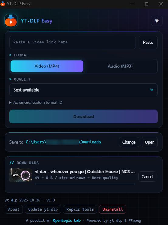 YT-DLP Easy showing a download in its queue