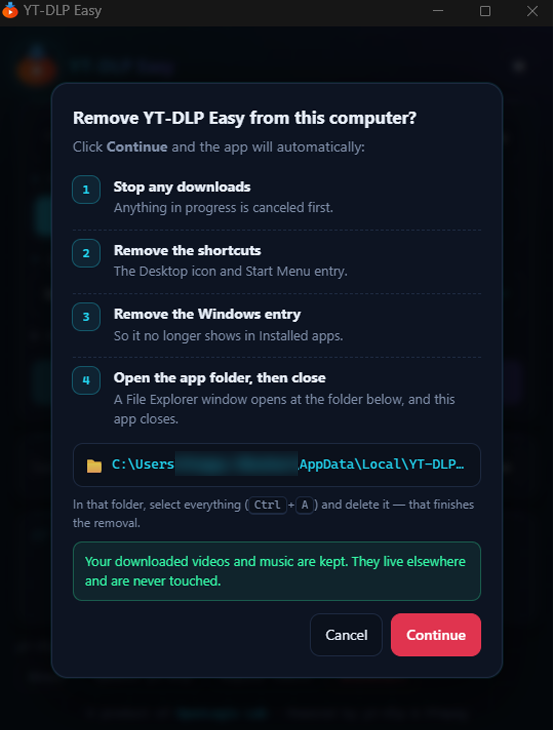 YT-DLP Easy uninstall confirmation and removal steps